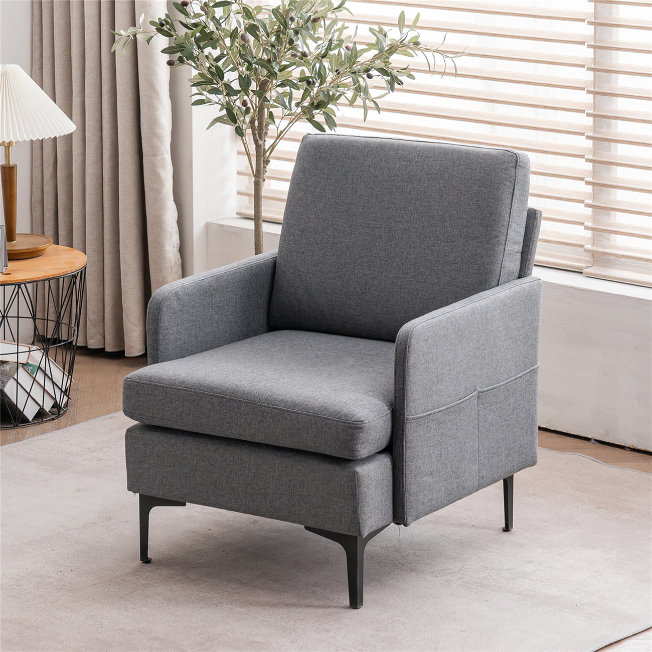 Accent Chair, Modern Comfy Single Sofa Chair Linen Fabric Armchair, Soft Upholstered Reading