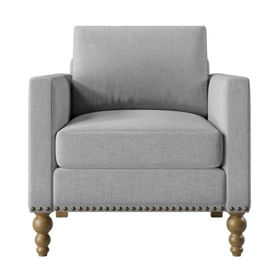 Accent Chair, Modern Linen Armchair Club Chair with Rivets Trim and Wooden Legs, Upholstered Couch with Thicken Armrest and Seat Cushion for Living Room, Bedroom, Balcony, Gray