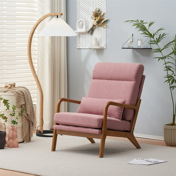 Accent Chair, Modern Linen Upholstered Leisure Armchair Chair with Solid Wood Frame and 1 Pillow, Comfy High Back Single Sofa Chair Reading Chair for Living Room Office Bedroom, Pink