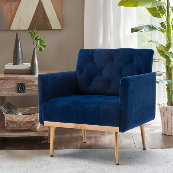Accent Chair, Modern Lounge Chair with Arms, Tufted Decorative Leisure Single Sofa with Gold Metal Legs, Upholstered Reading Chair for Living Room Bedroom Office, Navy