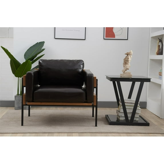 Accent Chair, Modern PU Leather Upholstered Armchair with Metal Frame and Legs, Vintage Single Sofa Chair Leisure Reading Chair Lounge Chair for Living Room Bedroom Office, Dark Brown