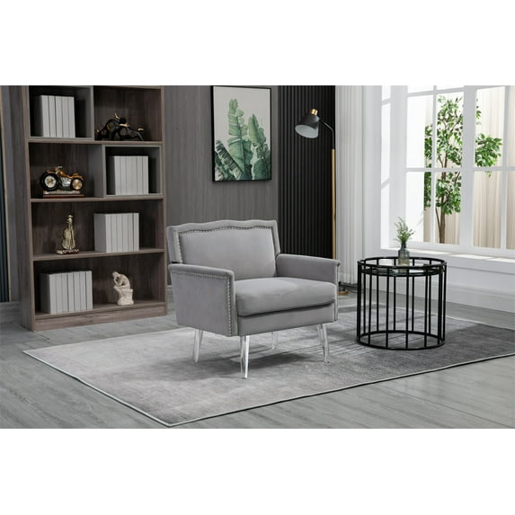 Accent Chair, Modern Rivet Upholstered Accent Armchair, Mid Century Side Chair with Acrylic Legs, Single Sofa Chair with Padded Seat Cushion for Living Room Bedroom, Gray