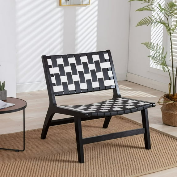 Accent Chair, Modern Solid Wood Frame Lounge Chair with Inclined Legs and Leather Strap, Portable Lazy Chair Fishing Chair for Living Room,Indoor,Outdoor, Black&White