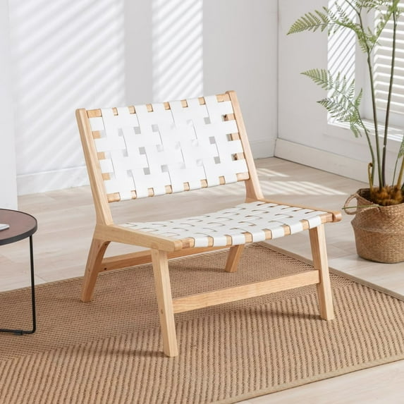 Accent Chair, Modern Solid Wood Frame Lounge Chair with Inclined Legs and Rattan Strap, Portable Lazy Chair Fishing Chair for Living Room,Indoor,Outdoor, White