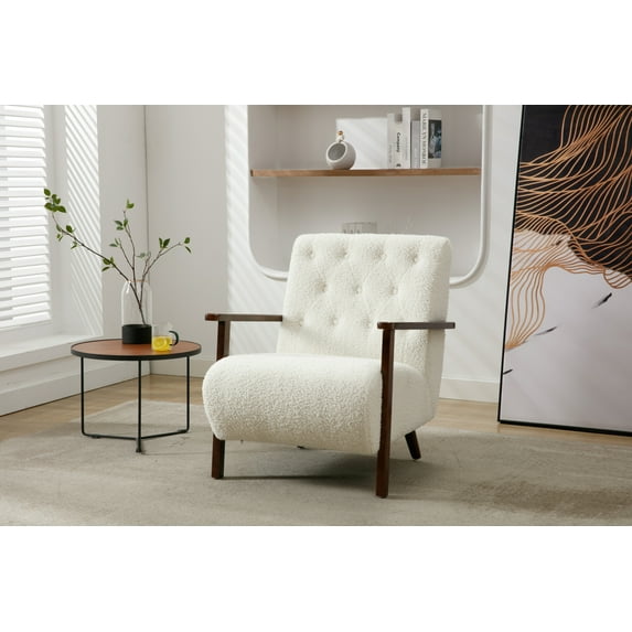 Accent Chair, Modern Teddy Fabric Upholstered Armchair with Solid Wood Frame and Thick Cushion, Comfy Single Sofa Chair Leisure Reading Chair for Living Room Bedroom Apartment Office, White