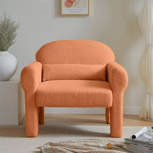 Accent Chair, Modern Teddy Upholstered Armchair Lounge Chair with Pillow and Wood Frame Comfy Single Sofa Chair Leisure Reading Chair for Living Room Bedroom Office, Orange