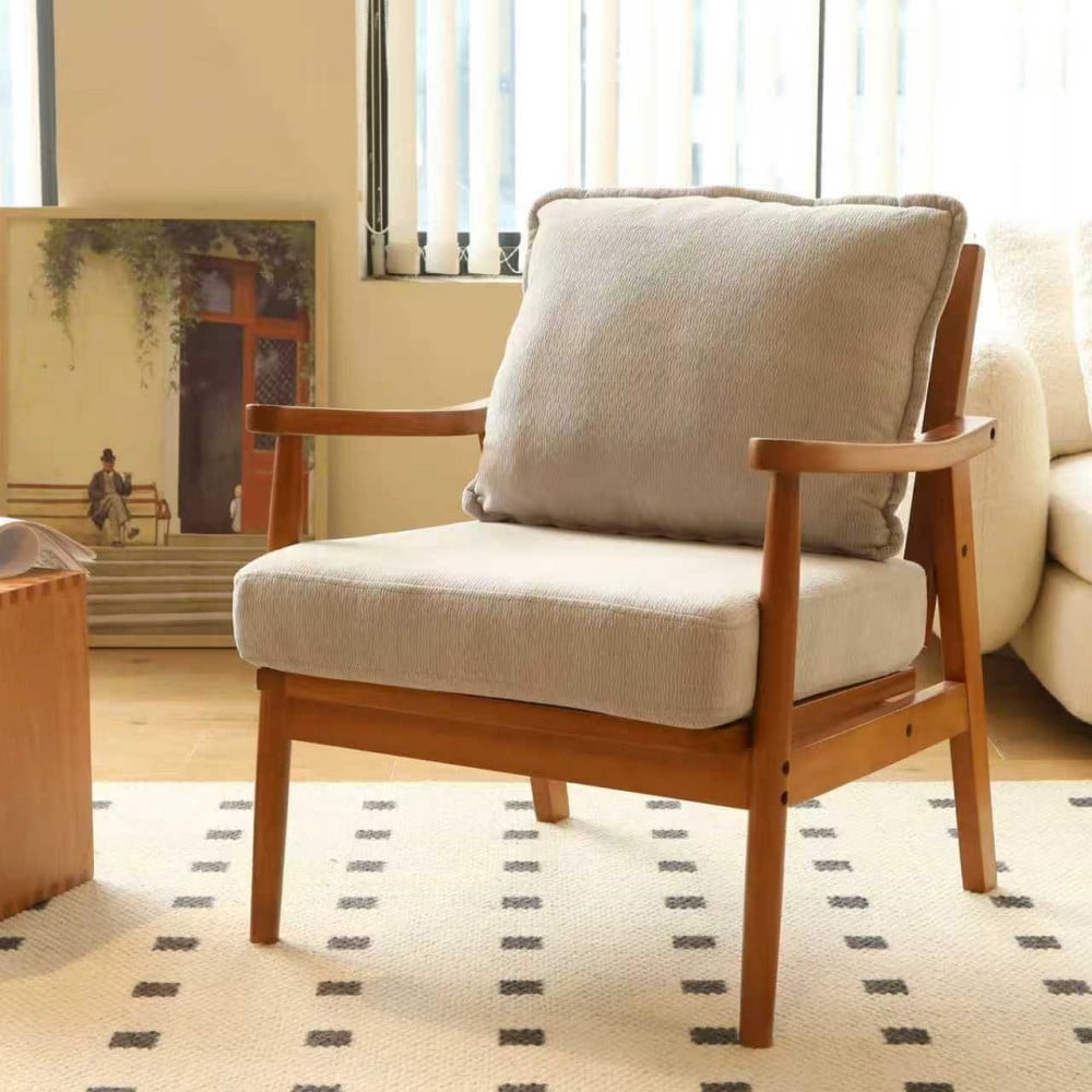 Accent Chair, Modern Upholstered Armchair with Soft Fabric Cushion & Solid Wood Legs, Cozy Reading Chair for Living Room, Bedroom & Apartment, Grey & Light Brown