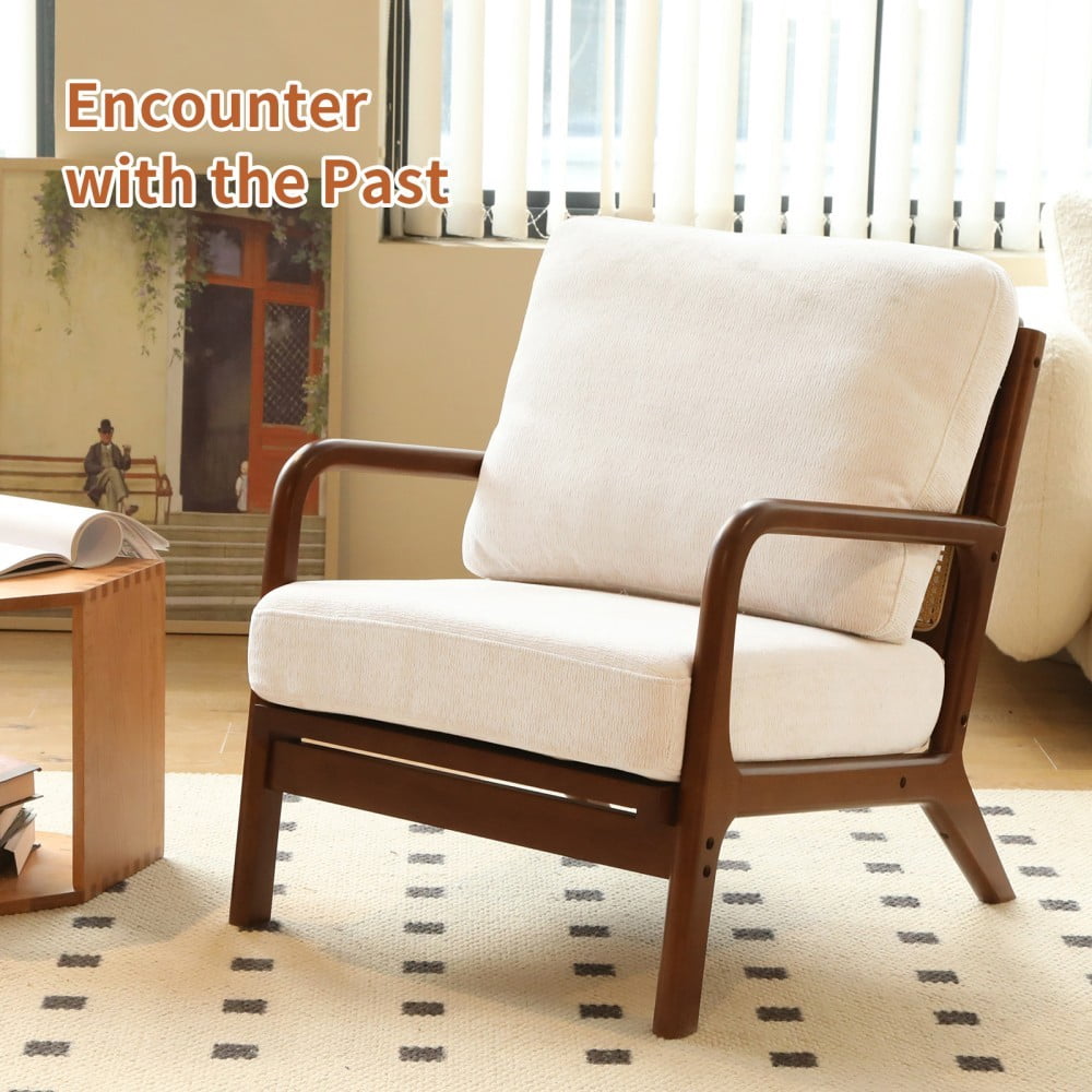 Accent Chair, Modern Upholstered Armchair with Soft Fabric Cushion & Solid Wood Legs, Cozy Reading Chair for Living Room, Bedroom & Apartment, White & Brown