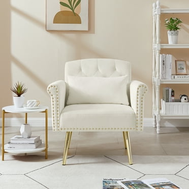 Accent Chair, Modern Velvet Armchair with Nailhead Trim Armrest and Thicken Padded Backrest, Tufted Living Room Leisure Chair with Metal Legs and 2 Storage Side Pockets, White