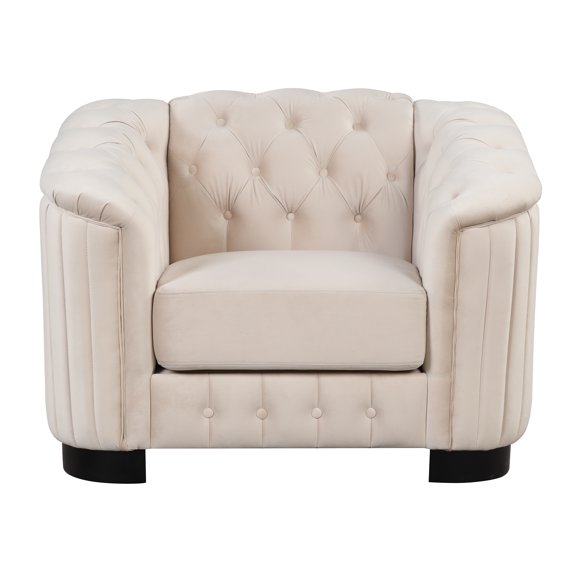 Accent Chair, Modern Velvet Single Sofa Chair with Button Tufted Backrest and Armrest, Upholstered Living Room Chair with Thick Removable Seat Cushion and Solid Wood Legs, Beige