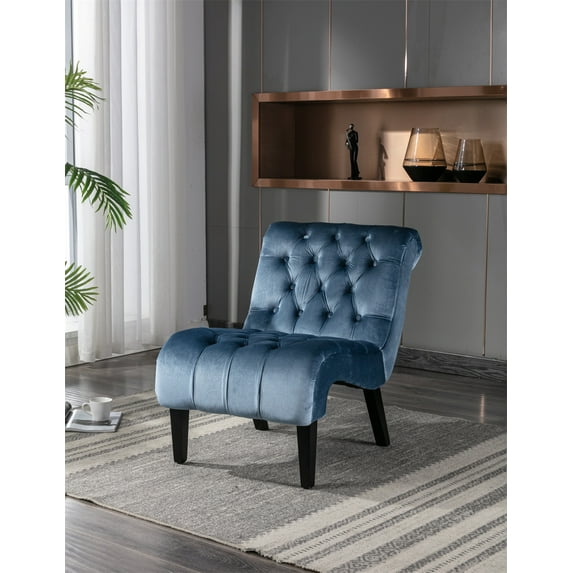Accent Chair, Modern Velvet Upholstered Lounge Chair with Curved High Back and Wood Legs Comfy Upholstered Single Sofa Chair Leisure Recliner Chair for Living Room Bedroom Office, Light Blue