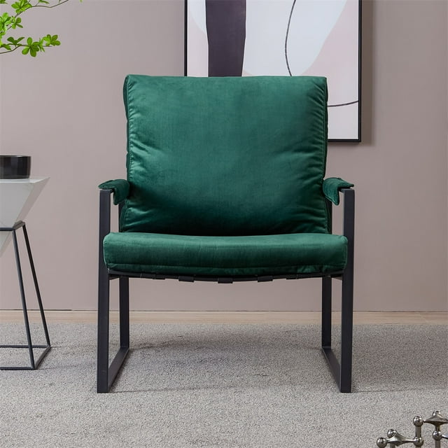 Accent Chair, Modern Velvet Upholstered Tufted Living Room Chair Armchair with Metal Frame, Comfy Single Sofa Chair Lounge Chair with Padded Cushion for Living Room Bedroom Office, Emerald