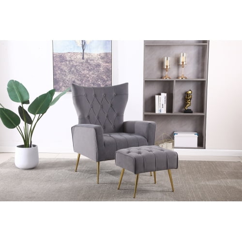 Accent Chair with Ottoman Button Tufted Wingback Armchair with Footrest Modern Velvet Upholstered Reading Single Sofa Chair with Gold Metal Leg for