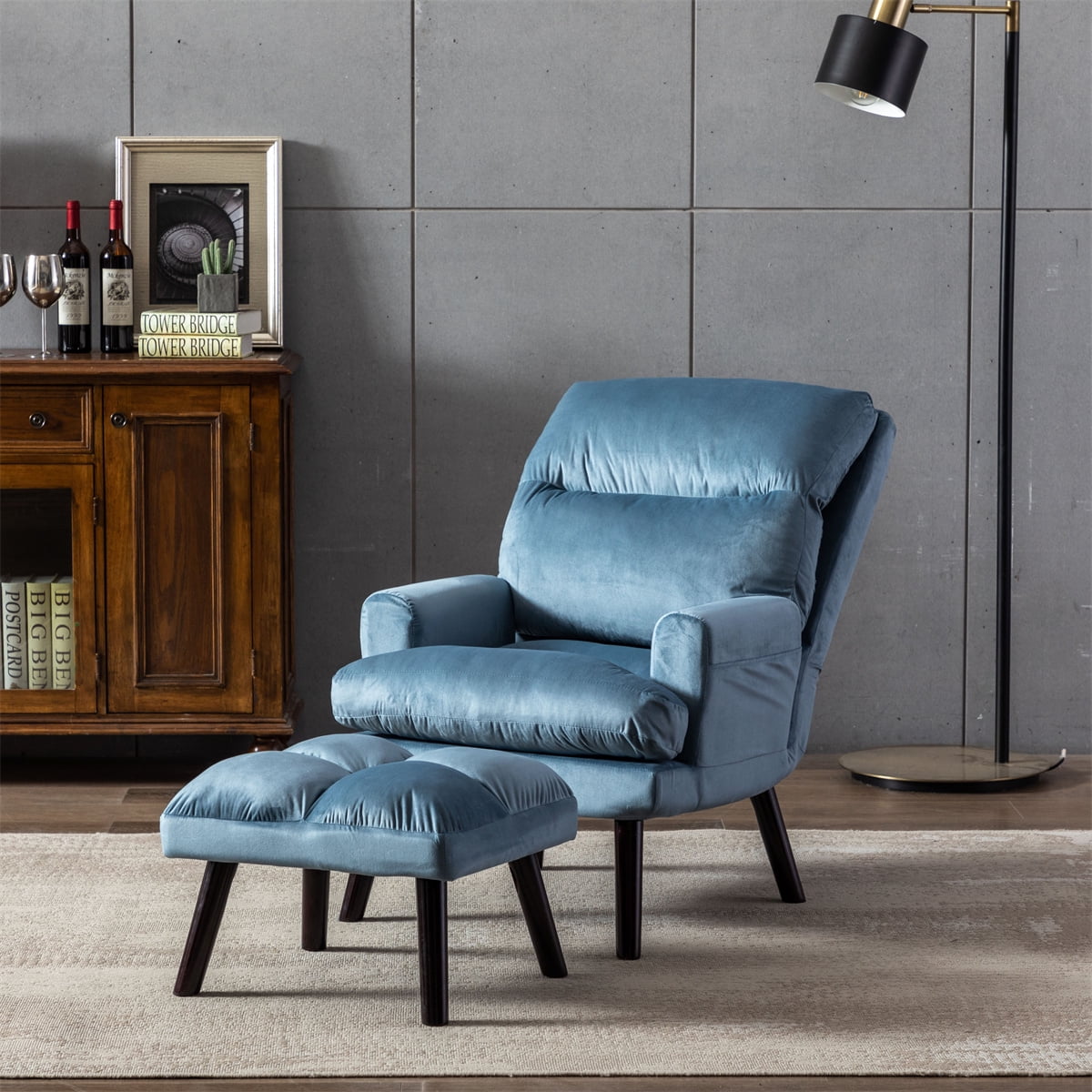 Ottoman Blue Accent Chair With Silver Legs Evelyn Curved Velvet