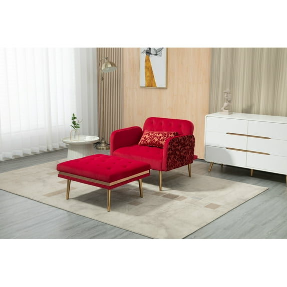 Accent Chair with Ottoman, Comfy Velvet Chaise Lounge Chair with Footrest and Pillow, Upholstered Single Sofa Chair with Adjustable Backrest and Metal Legs for Living Room Office, Red