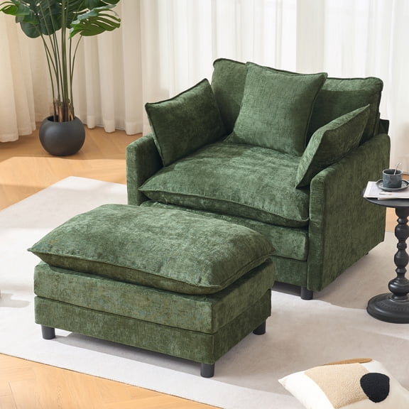 Accent Chair with Ottoman, Legahome 40"Wide Oversized Chenille Upholstered Lounge Chair, Comfy Reading Armchair with 3 Pillows, Barrel Chair Reading Chair for Living Room Bedroom, Green
