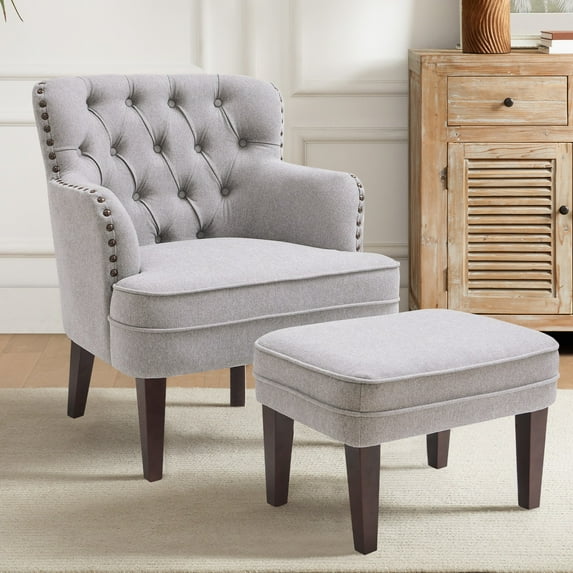Accent Chair with Ottoman, Living Room Chair, Footrest Chair Set with Vintage Brass Studs, Button Tufted Upholstered Armchair for Living Room, Comfy Reading Chair for Bedroom, Reception Room (Grey)