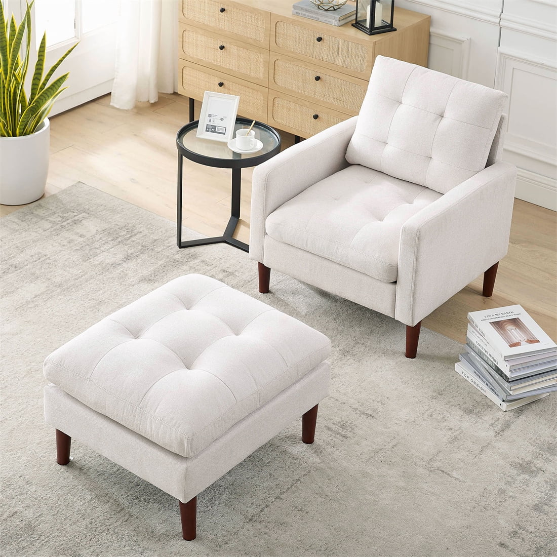 Accent Chair with Ottoman, Modern Fabric Single Sofa Chair with Wood ...
