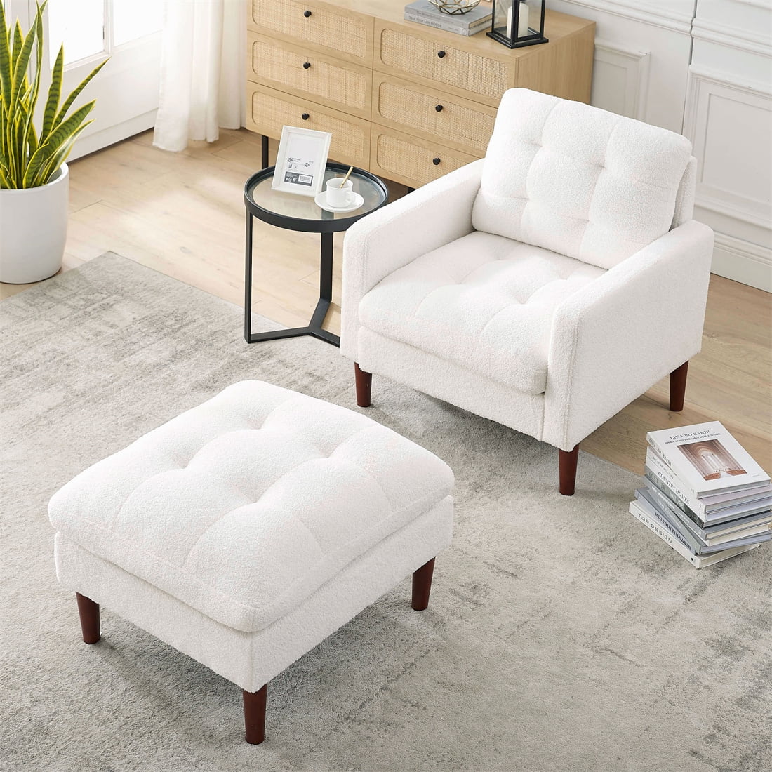 Accent Chair with Ottoman, Modern Fabric Single Sofa Chair with