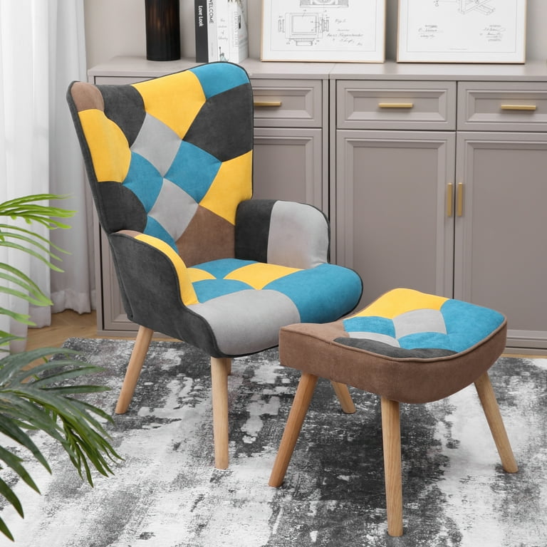 Accent Chair with Ottoman, Modern Linen Upholstered Lounge Chair