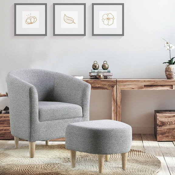Accent Chair with Ottoman,Modern Round Linen Arm Chair for Living Room,Bedroom, Comfy Club Reading Chair for Living Room ,Bedroom, Reading Room(Light Grey,Set of 1)