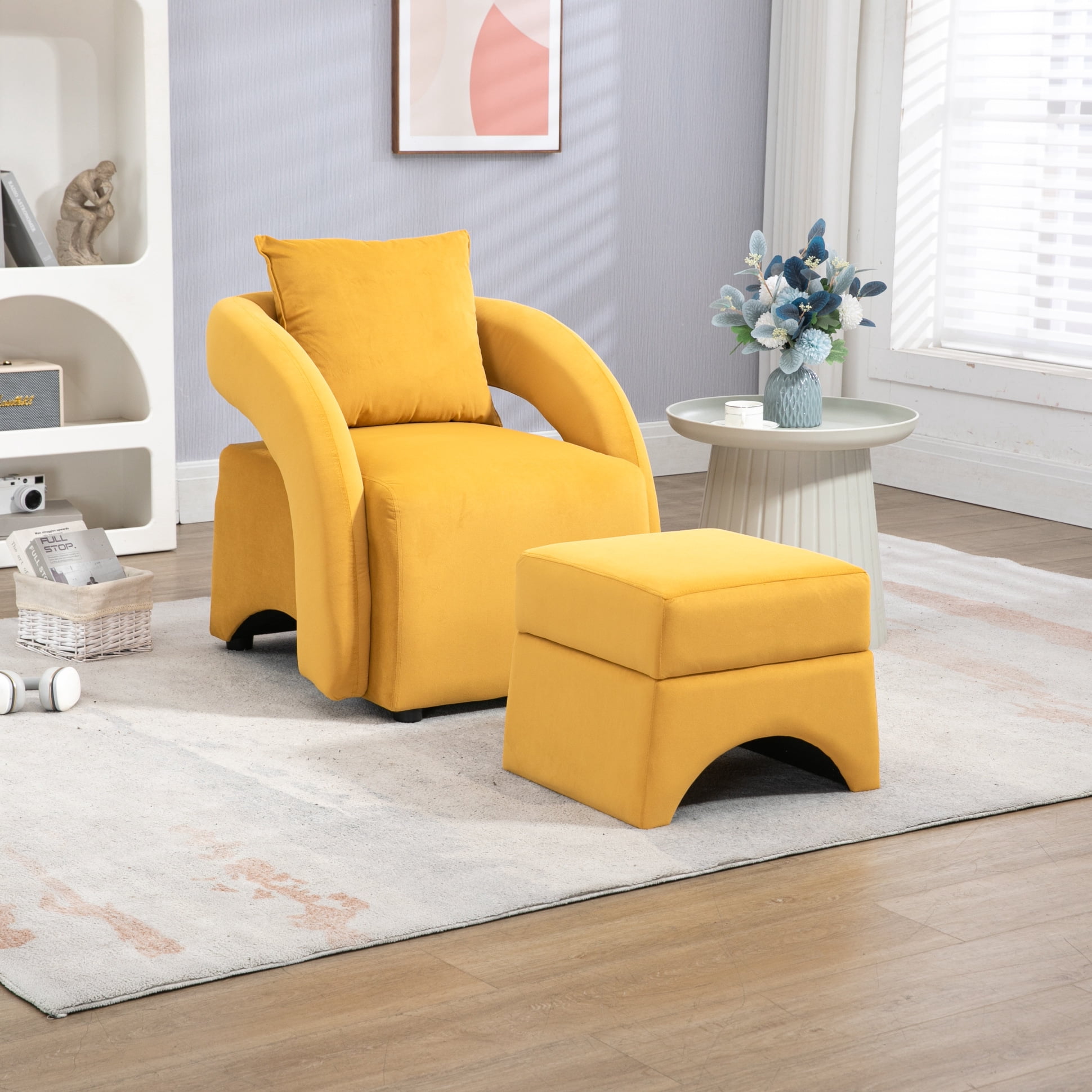 Accent Chair with Ottoman, Modern Velvet Upholstered Barrel Chair with