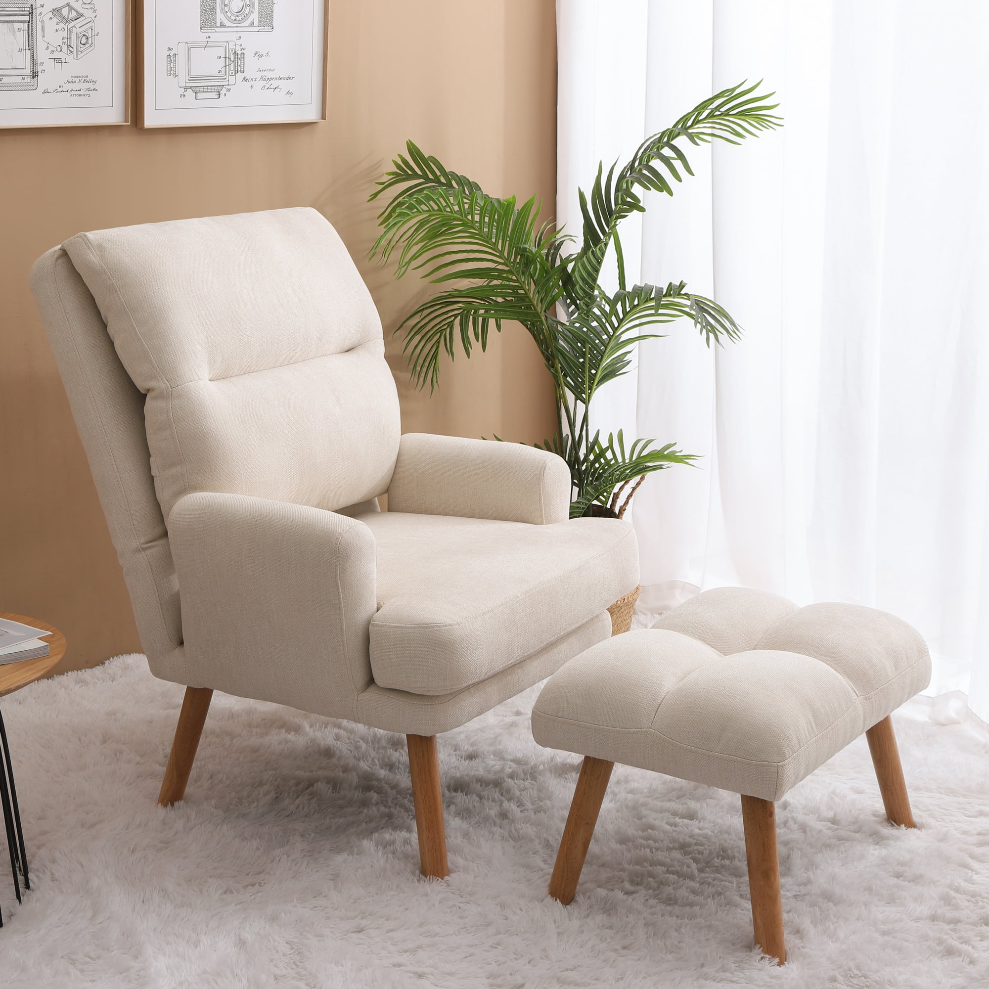 Accent Chair with Ottoman Set, Comfy Linen Upholstered Lounge Chair