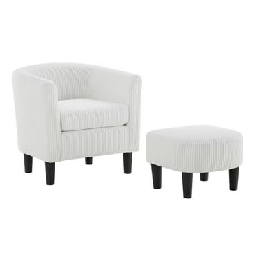 Accent Chair with Ottoman Set, Modern Linen Corduroy Upholstered Armchair Barrel Chair and Footrest, Comfy Single Sofa Chair Reading Chair for Living Room Bedroom and Office, White