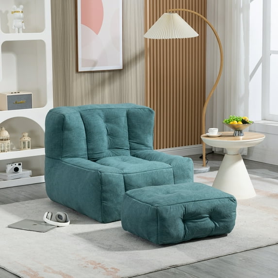 Accent Chair with Ottoman Set,Modern Velvet Bean Bag Chair for Adults and Childs,Upholstered Lazy Sofa Chair Armchair for Living room, Bedroom, Apartment,Green
