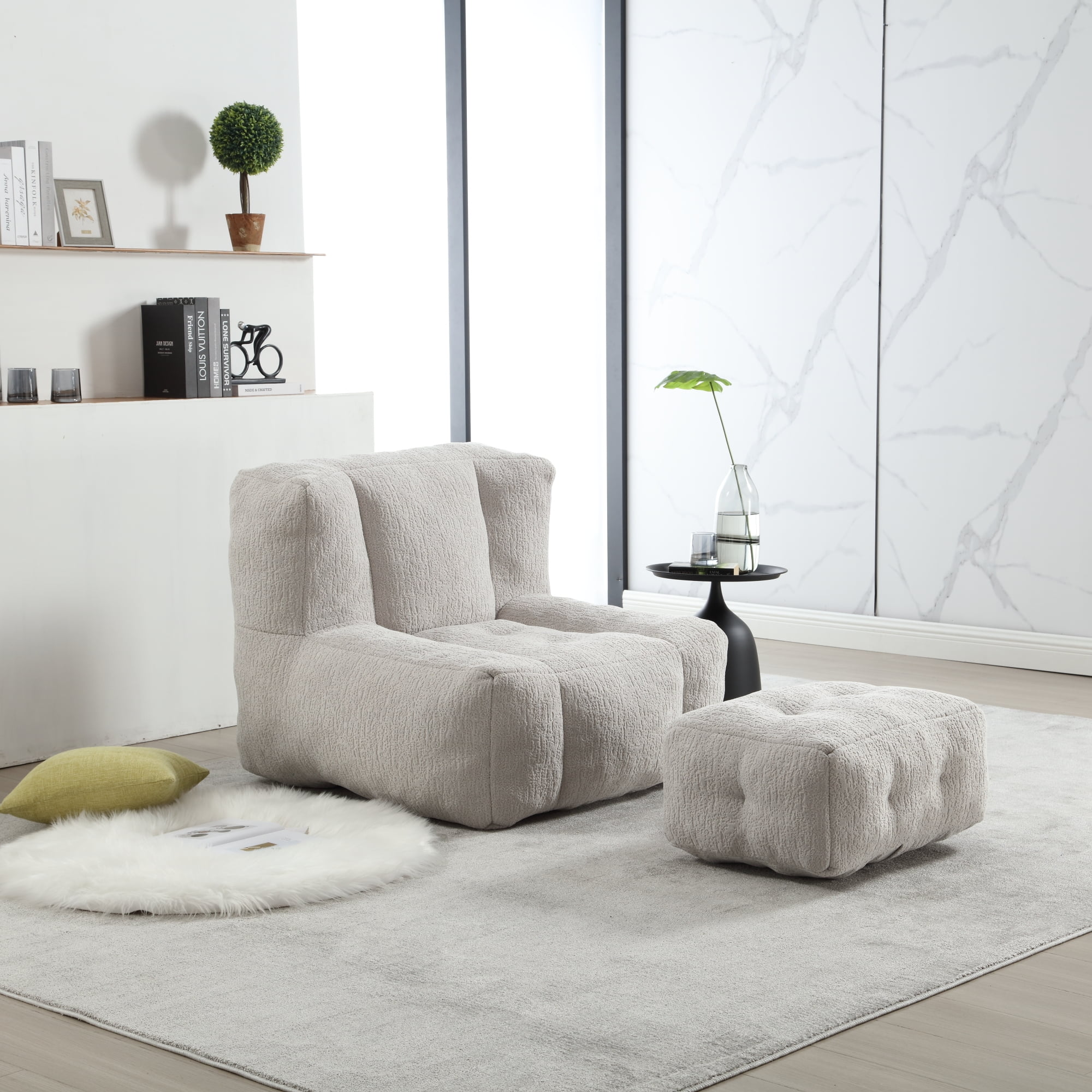 Accent Chair with Ottoman Set,Modern Velvet Bean Bag Chair for Adults and Childs,Upholstered Lazy Sofa Chair Armchair for Living room, Bedroom, Apartment,Light Gray