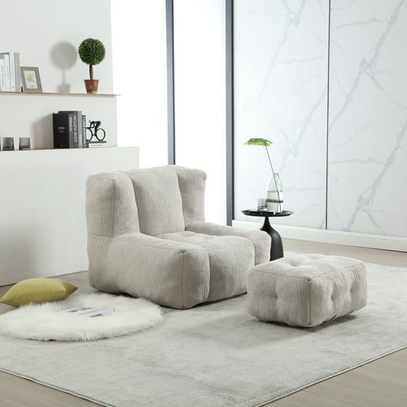 Accent Chair with Ottoman Set,Modern Velvet Bean Bag Chair for Adults and Childs,Upholstered Lazy Sofa Chair Armchair for Living room, Bedroom, Apartment,Light Gray