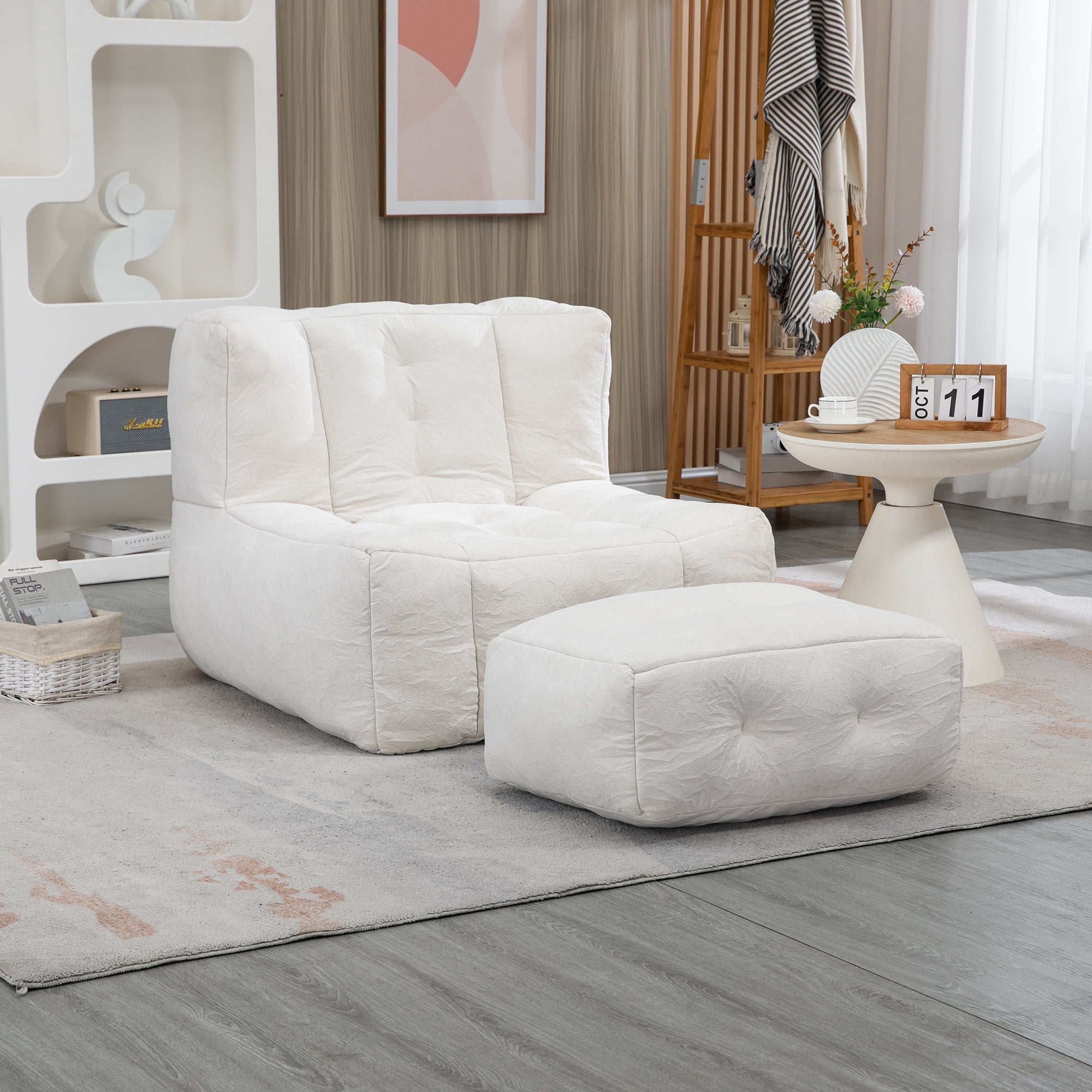 Accent Chair with Ottoman Set,Modern Velvet Bean Bag Chair for Adults and Childs,Upholstered Lazy Sofa Chair Armchair for Living room, Bedroom, Apartment,White