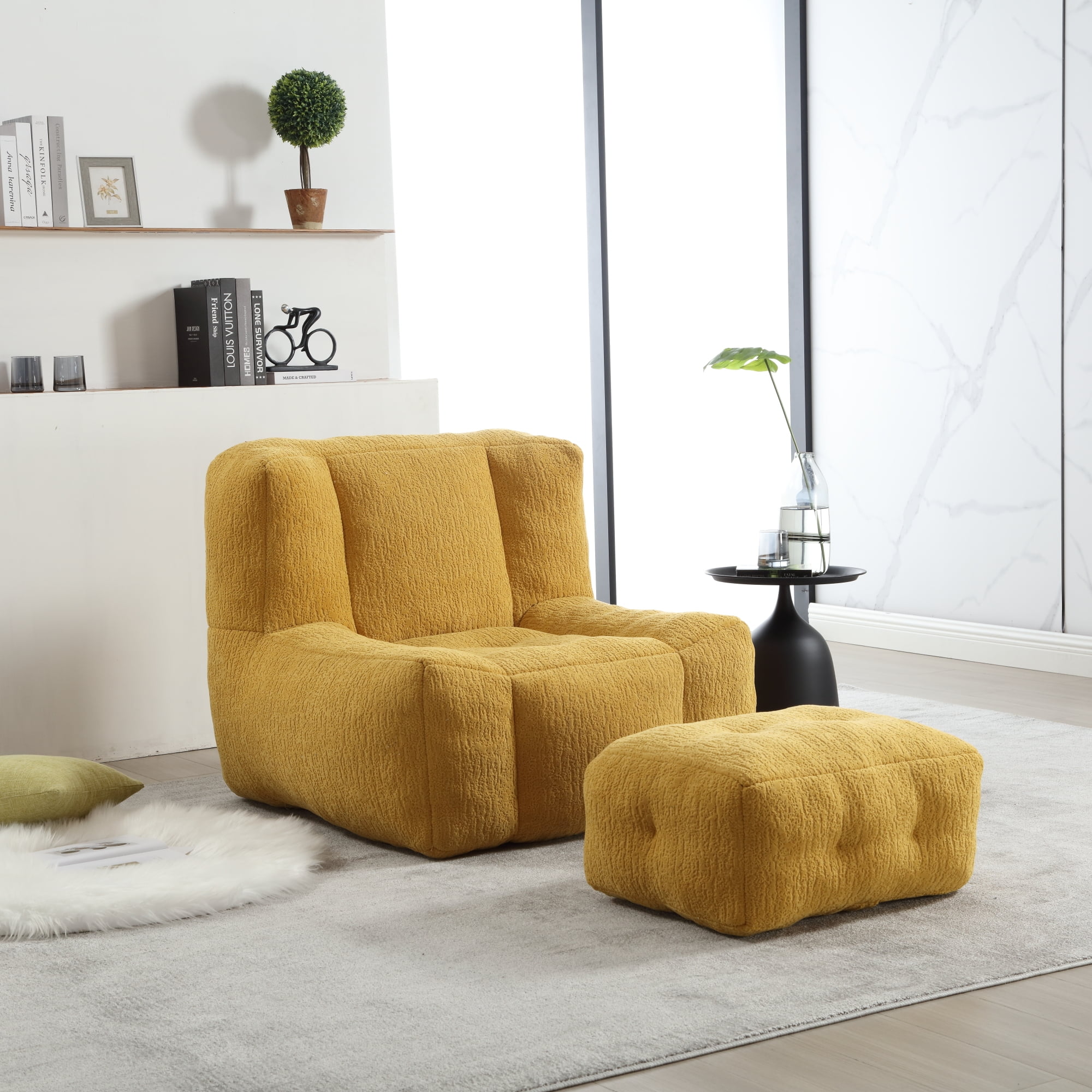 Accent Chair with Ottoman Set,Modern Velvet Bean Bag Chair for Adults and Childs,Upholstered Lazy Sofa Chair Armchair for Living room, Bedroom, Apartment,Yellow