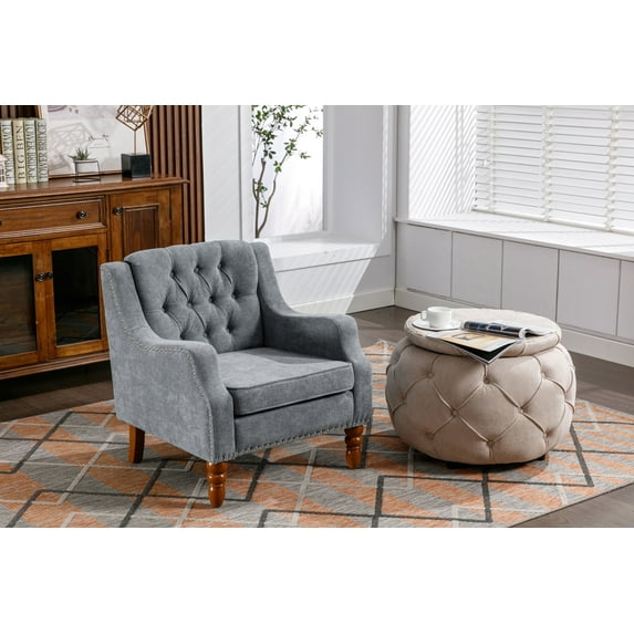 Accent Chair and Ottoman, Single Sofa Chair & Large Round Ottoman with Storage, Linen Upholstered Armchair with Burlap Ottoman Table for Living Room, Bedroom, Office, Grey+Beige