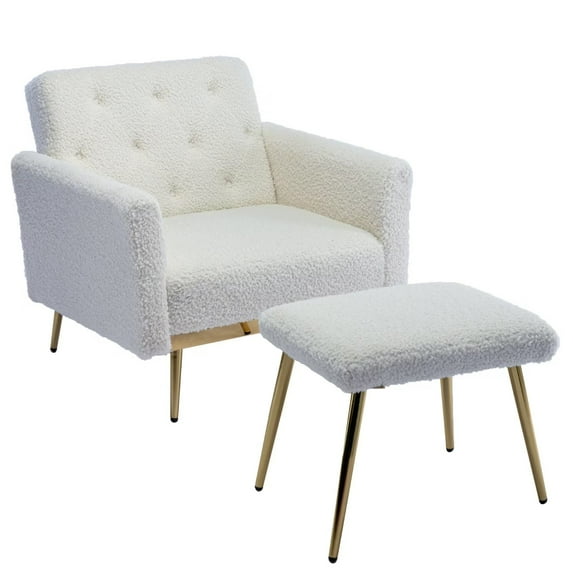 Accent Chair with Ottoman, Upholstered Armchair with Adjustable Armrests and Backrest, Button Tufted Lounge Chair, Single Recliner Armchair for Living Room Bedroom Office, White Teddy