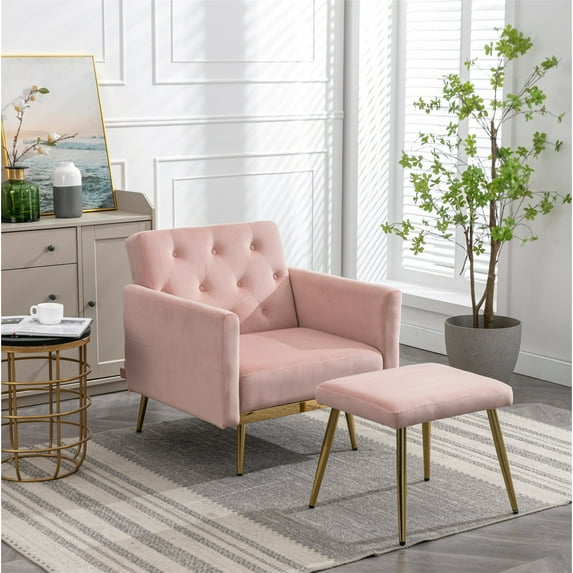 Accent Chair with Ottoman, Velvet Button Tufted Upholstered Recliner Lounge Chair with Adjustable Armrests and Backrest, Comfy Single Sofa Chair Armchair for Living Room Bedroom Apartment, Pink