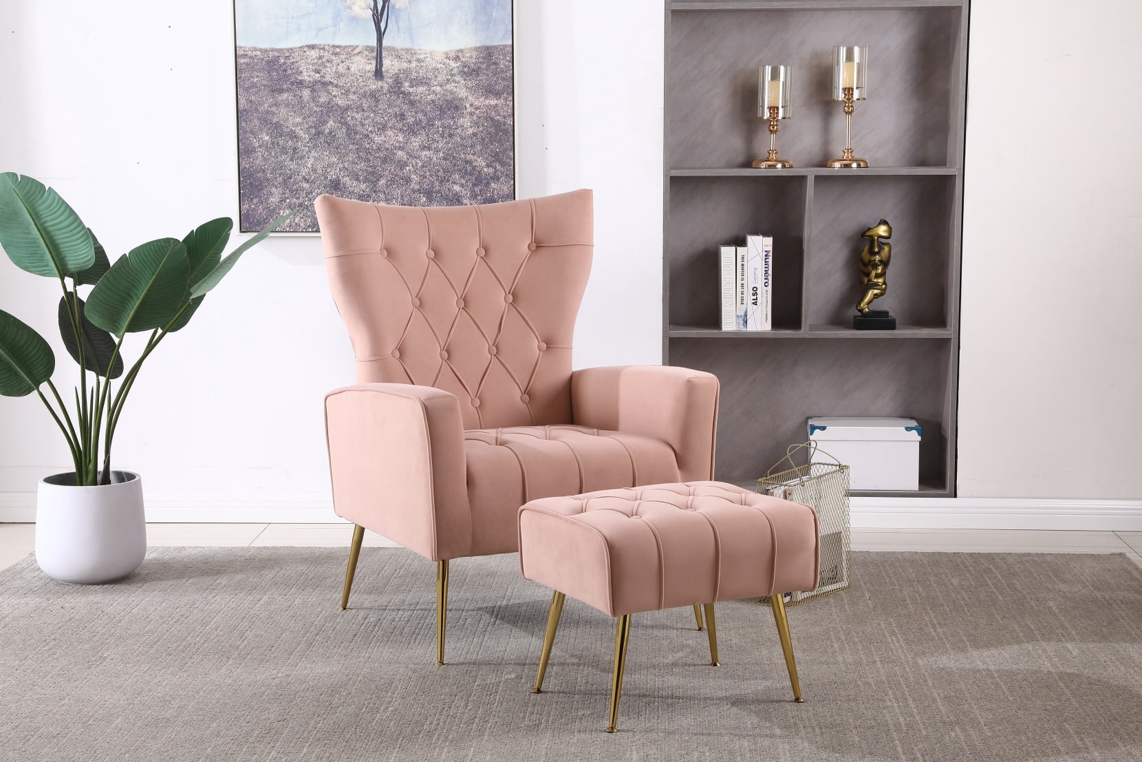 Triple Tree Accent Chair with Ottoman, Pink Velvet Tufted Upholstery ...