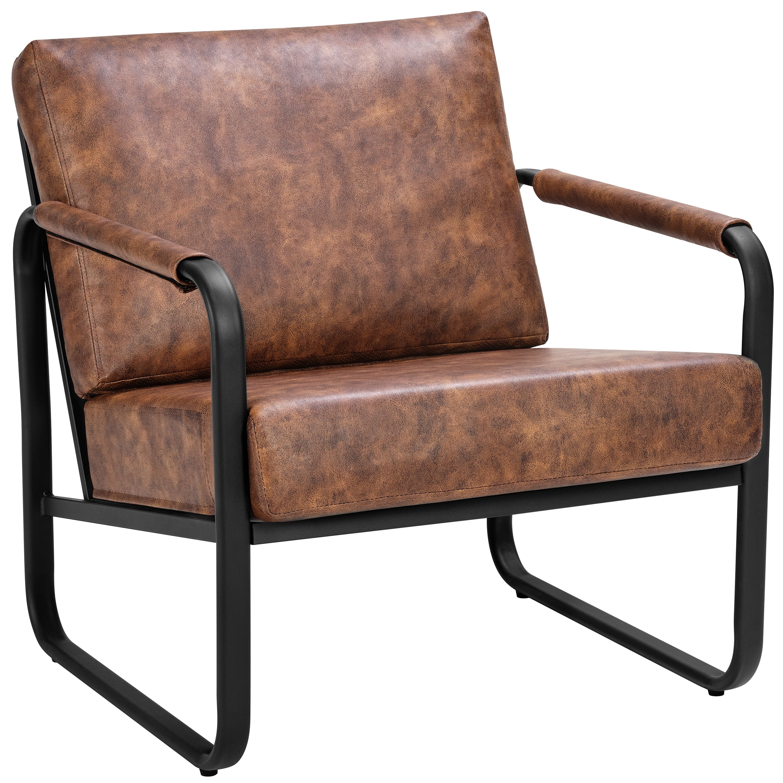 Accent Chair PU Leather Mid-Century Armchair Metal Living Room Sofa Chair Comfy Lounge Side Chair for Bedroom, Brown
