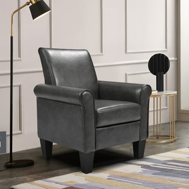 Accent Chair PU Leather, Modern Armchair with Ergonomic Backrest and Wooden Legs, Comfy Sofa Chair for Living Room, Reading Room, Bedroom, Dark Grey