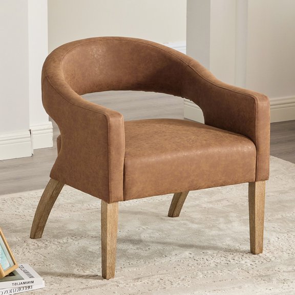 Accent Chair, PU Leather Upholstered Armchair, PAPROOS Barrel Open Back Reading Armchair, Modern Accent Chair with Weathered Solid Wood Legs for Living Room Bedroom, Club, Brown