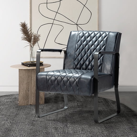 Accent Chair, PU Leather Upholstered Leisure Chair with Metal Frame and Tufted Backrest, Modern Single Sofa Chair Club Chair with Padded Cushion for Living Room, Office, Pub, Blue