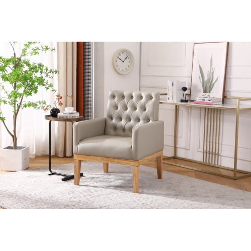 Accent Chair, PU Leather Upholstered Lounge Single Sofa Armchair for Kids Adults, Modern Button Reading Chair for Bedroom Living Room, Comfortable Armchair with Wooden Legs in Log Color, Off White