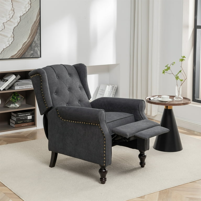 Accent Chair Reading Wingback Chair Velvet Push Back Recliner Club Chair Diamond Tufted Armchair Footrest Wooden Legs Living Room Grey