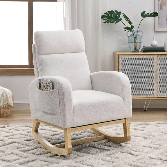 Accent Chair, Rocking Chair with Two Side Pocket, Modern Upholstered High Back Glider Rocking Chair Armchair, Comfy Lounge Chair for Side Living Room Bedroom Studio Leisure Office, White Teddy