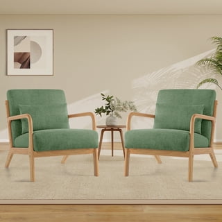 Accent Chair Set of 2 with Pillow Upholstered Mid-Century Chair Living Room Chair for Small Space Solid Wood Frame Reading Chair with Soft Thick Cushion Armchair for Bedroom Balcony Green