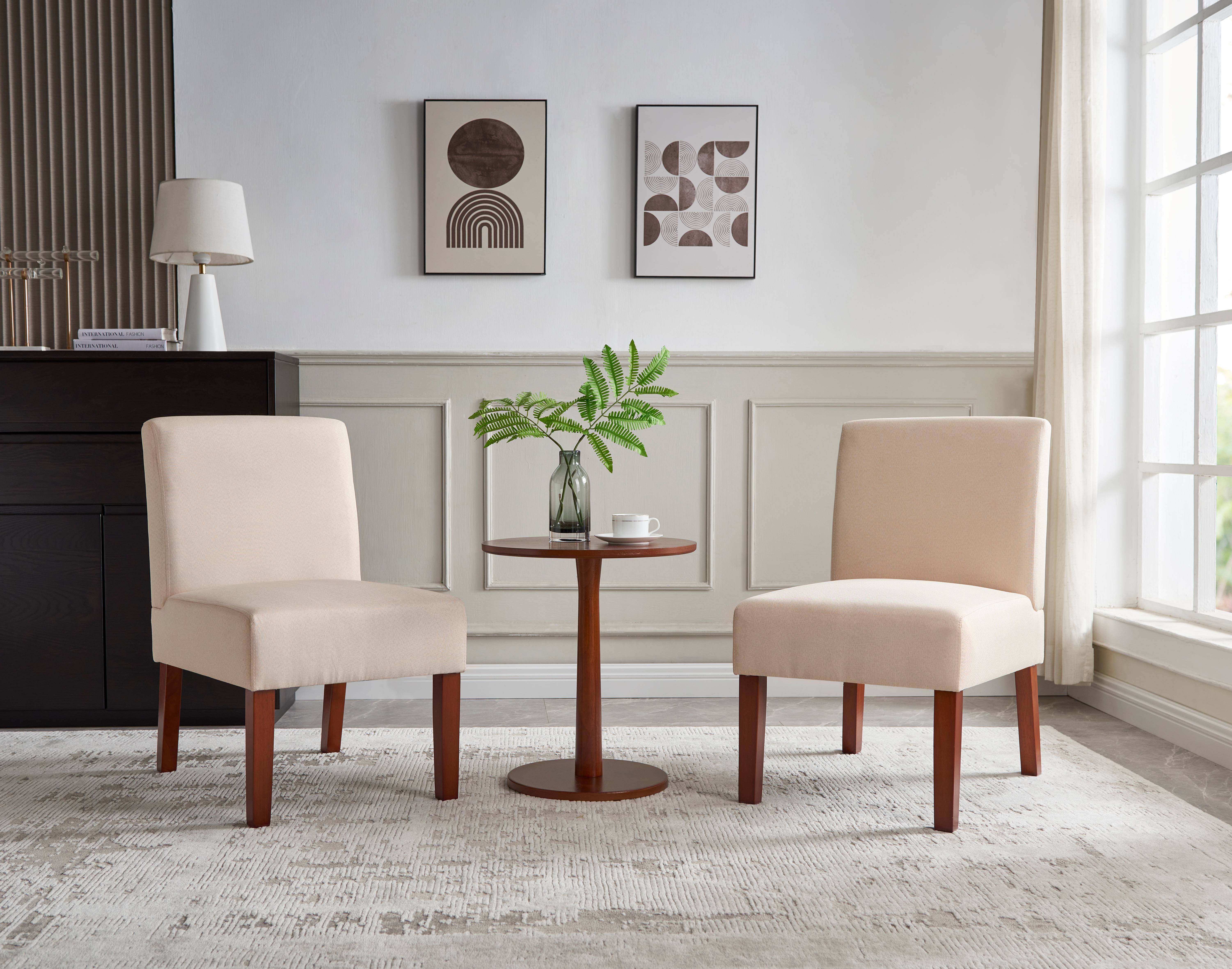 Accent Chair Set of 2 with Wood Table Corner Side Chair Decorative Sitting Chair Table Set Beige