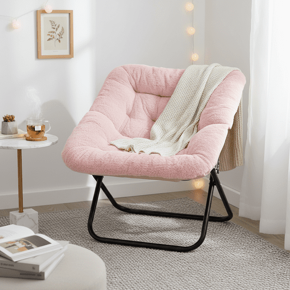 Accent Chair Sets, Comfy Folding Living room Saucer Chair with Faux Fur Padded for Lounge Reading, Metal X-Large, Pink, 2 PCS