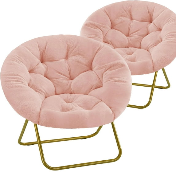 Accent Chair Sets, Folding Living room Saucer Chair with Faux Fur Padded for Lounge Reading, Metal X-Large, Pink, 2 PCS