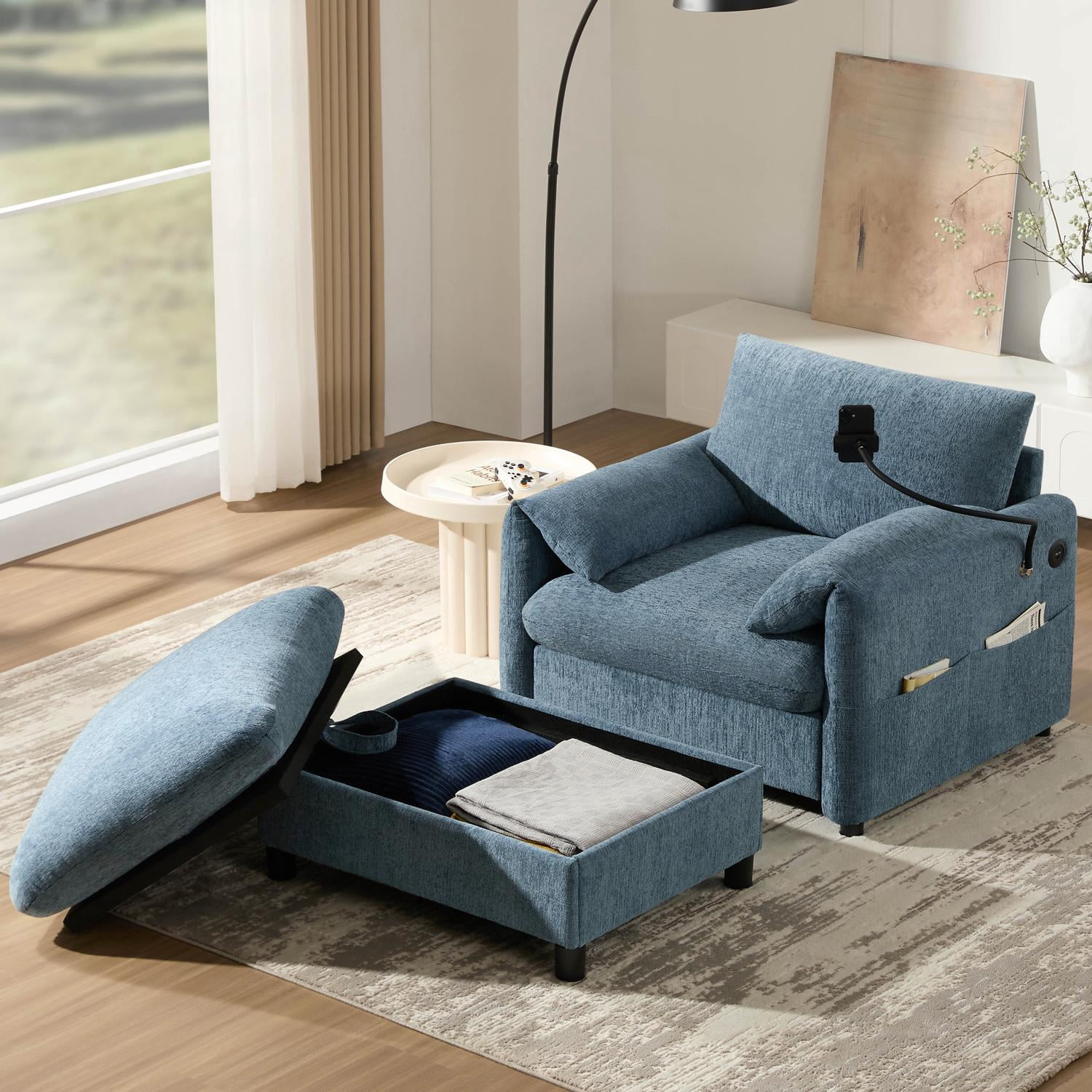 Accent Chair, Single Sofa, Chaise Lounge with Oversized Storage Ottoman and Adjustable Phone Holder, Chenille Armchair with Pillow Armrests and Side Pockets, for Living Room, Blue