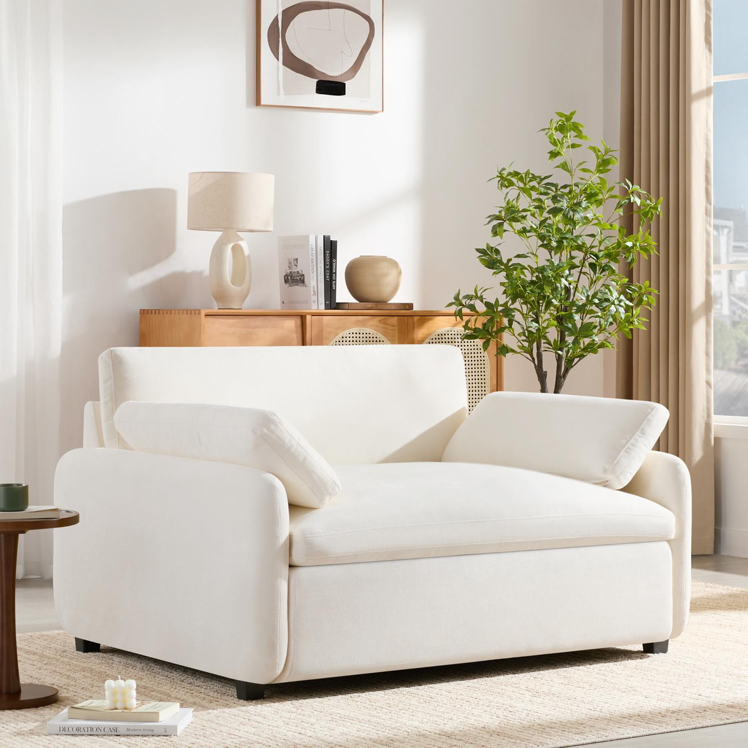 Accent Chair, Single Sofa, Oversized Chair with Wide 43 Inch Deep Seat and 2 Included Pillows, Modern Chenille Upholstered Armchair for Living Room, Apartment, 50 x 43 x 34 Inches, Cream